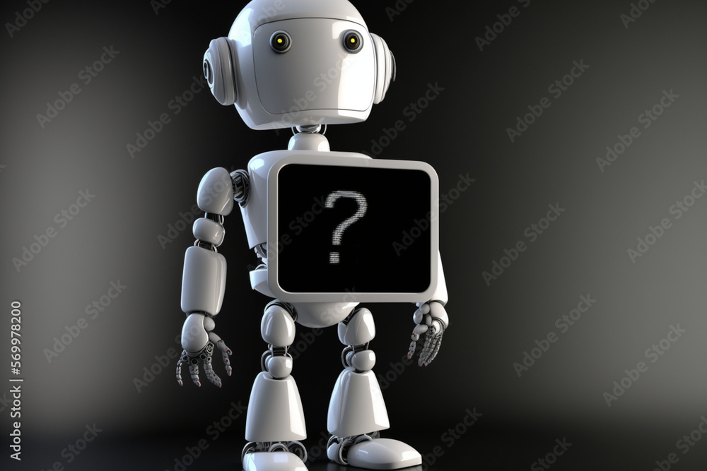 Naklejka premium AI futuristic robot standing with questioning expression and a question mark ? in your chest, generated by IA,
