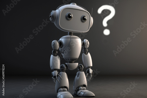 AI futuristic robot standing with questioning expression and a question mark   on the black wall  generated by IA 