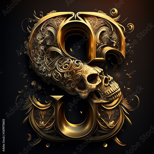 skull, gold, undead, a, b, c, d, e, f, g, h, i, j, k, l, m, n, o, p, q, r, s, t, u, v, w, x, y, z, alphabet, letters, design, decoration, pattern, illustration, art, floral, vintage, ai, generative photo