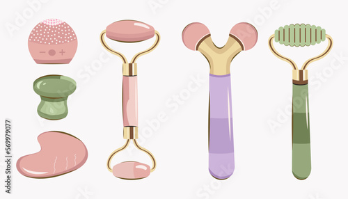 Face massage set, vector illustration. Face massagers and healing serum. Beauty product set.