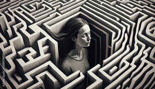 Woman in a maze of her own mind concept of mental health problem for mental health awareness month generative ai