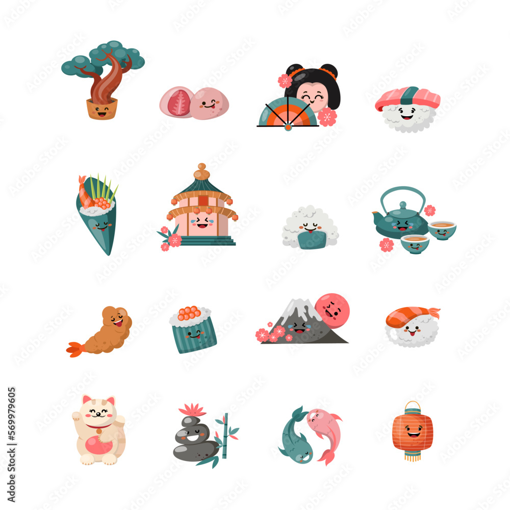 Fototapeta premium Set stickers icons Japan symbols food