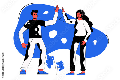 Happy people blue concept with people scene in the flat cartoon style. Boy and girl are happy for each other.