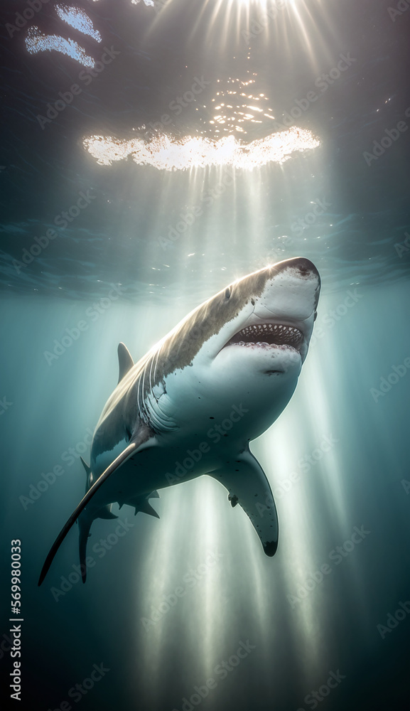 Portrait of a great white shark. Beautiful wildlife and family photos,  wallpaper, poster created with help of generative ai. Stock Illustration
