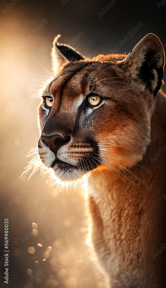 Portrait of a puma during golden hour. Beautiful wildlife and family photos, wallpaper, poster created with help of generative ai. Portrait of a puma during golden hour. Beautiful wildlife and family photos, wallpaper, poster created with help of generative ai.