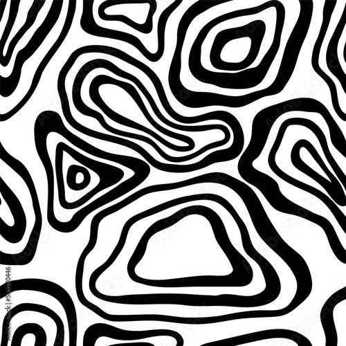 Vector seamless pattern from abstract texture with monochrome stains of liquid. Creative background with black stripes blots. Decorative design black wavy stripes optical art illusion.