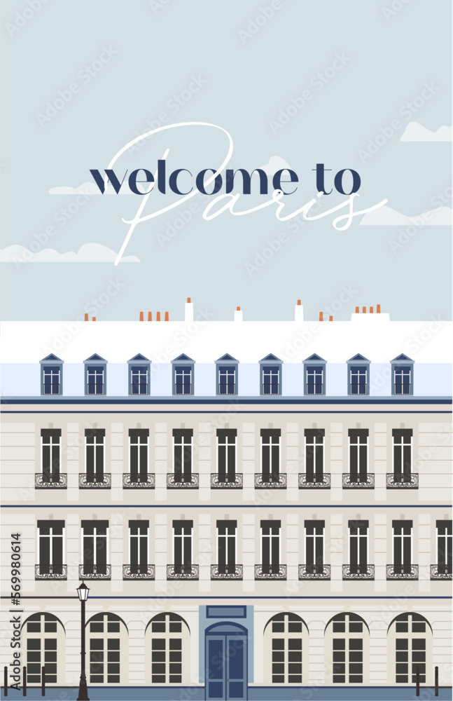 Welcome to paris, ou bienvenue à Paris, illustration vectorielle avec une façade typique parisienne