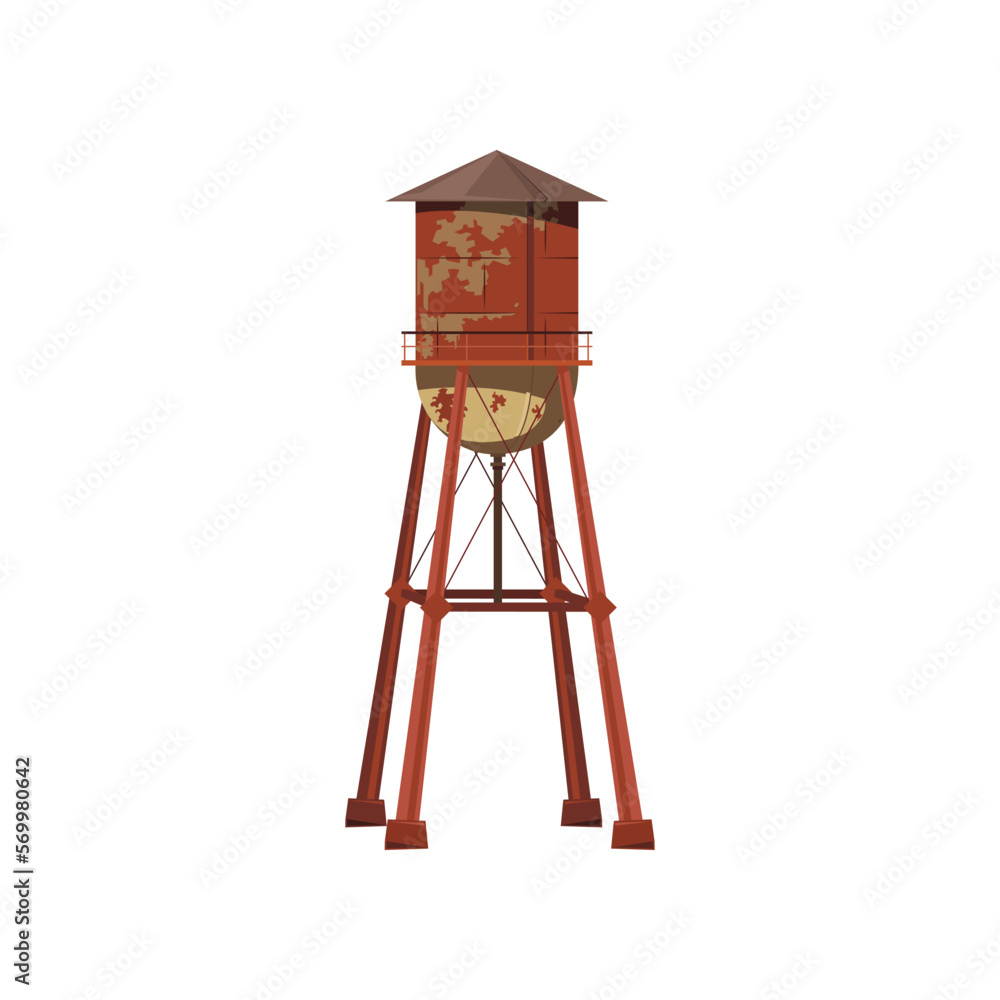 Rustic metal construction for storing water vector illustration. Cartoon drawing of water tower for storage of hydro resource reserve isolated on white background. Water supply concept