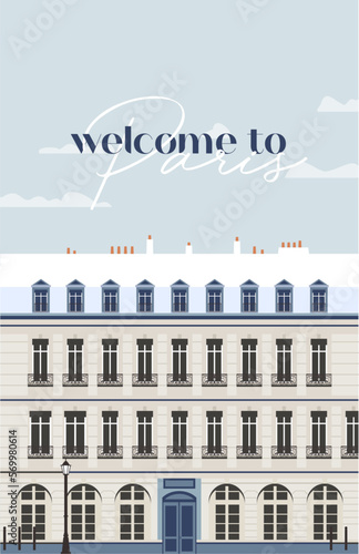 Welcome to paris, ou bienvenue à Paris, illustration vectorielle avec une façade typique parisienne