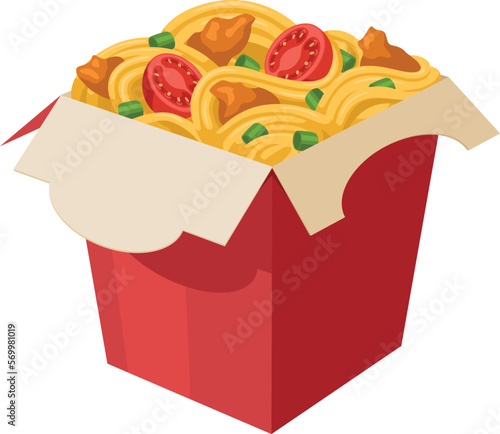 Wok cartoon icon. Paper box with fast food