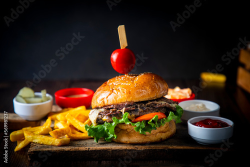 Homemade hamburger served w...