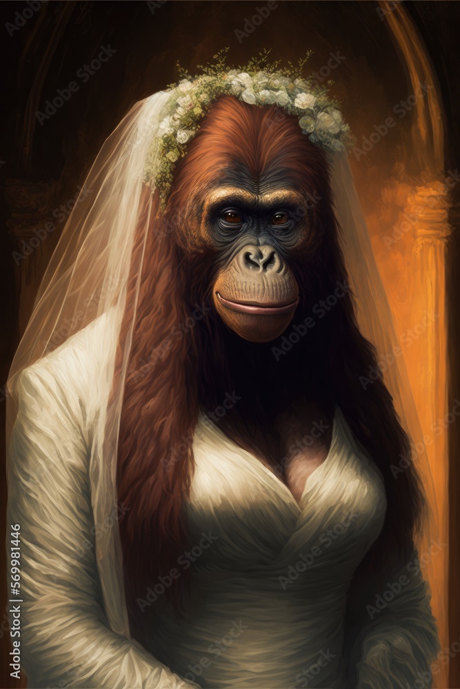 Orangutan dressed up in wedding dress. Generative AI Orangutan dressed up in wedding dress. Generative AI