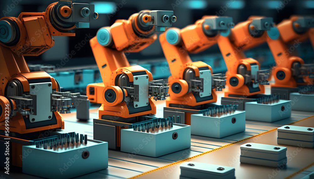 Robotic assembly line: A photo of a line of robots being assembled, showcasing the integration of mechanical, electrical, and software engineering in mechatronics. Robotic assembly line: A photo of a line of robots being assembled, showcasing the integration of mechanical, electrical, and software engineering in mechatronics.