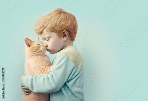 Pastel love portrait on a pastel background, pure love of two cute baby cat and human hugging each other, a cute little child playfully hang out with pet. Animal concept. Generative AI.