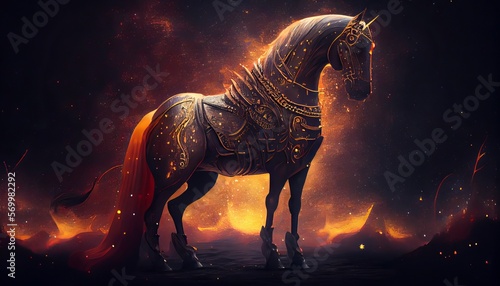 Magic Horse Character Glowing Flaming Fantasy Illustration. Powerful Graceful  Black Horse Head Silhouette Portrait Design.  Space Warrior Mascot Talisman Transport Avatar Symbol.  © Artificial Ambience