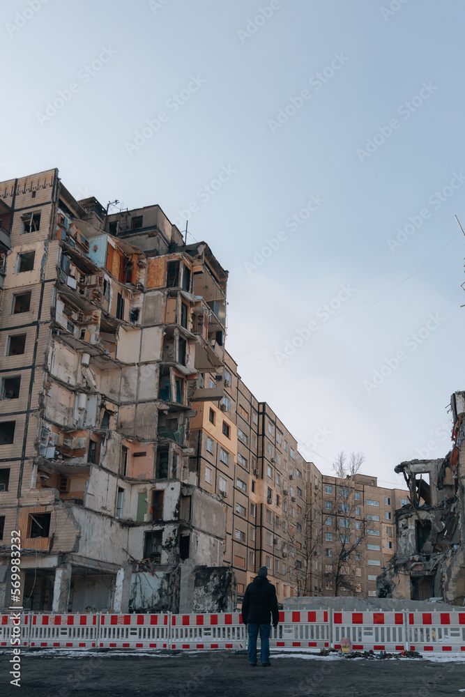 Impact on a high-rise building in the city of Dnipro, Ukraine. A residential building destroyed by an explosion after a Russian missile attack. Consequences of the explosion.