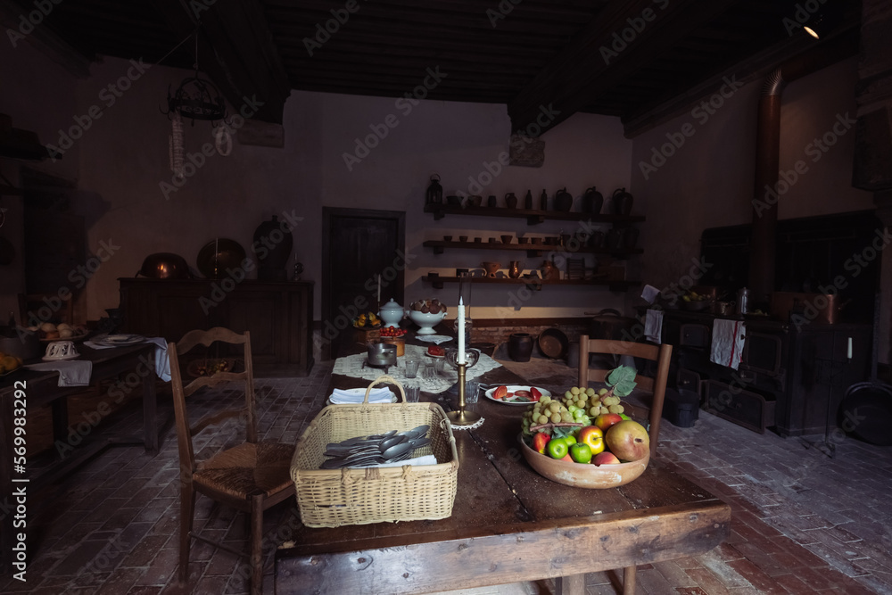 an ancient castle, an antique kitchen in a chateau in which cooks were prepared for kings and princes