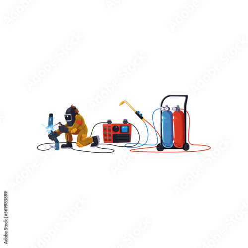 Man in protective uniform welding metal vector illustration. Cartoon drawing of welder in helmet using welding torch and machine isolated on white background. Welding, professions, technology concept