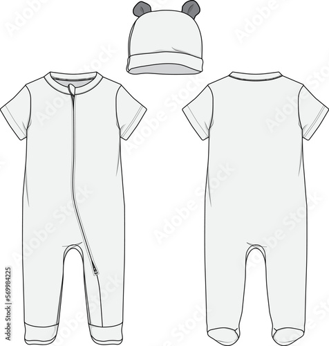 Infant Baby Toddler Short-sleeve Zip-up One piece and Beanie Bodysuit Mockup Sketch Template Technical CAD Illustration