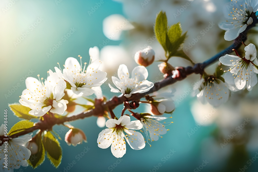 Spring border or background art with blossom. Beautiful nature scene with blooming tree and sun flare. Easter Sunny day. Spring flowers. Beautiful Orchard Abstract blurred background. Springtime