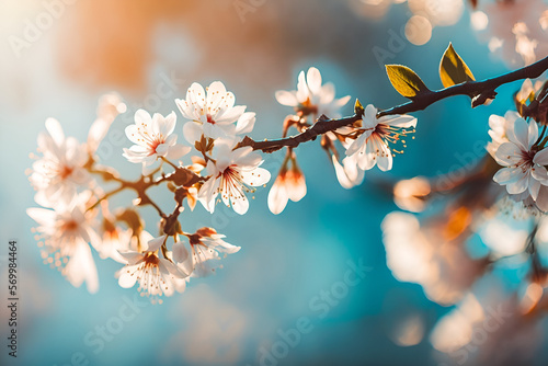 Spring border or background art with blossom. Beautiful nature scene with blooming tree and sun flare. Easter Sunny day. Spring flowers. Beautiful Orchard Abstract blurred background. Springtime