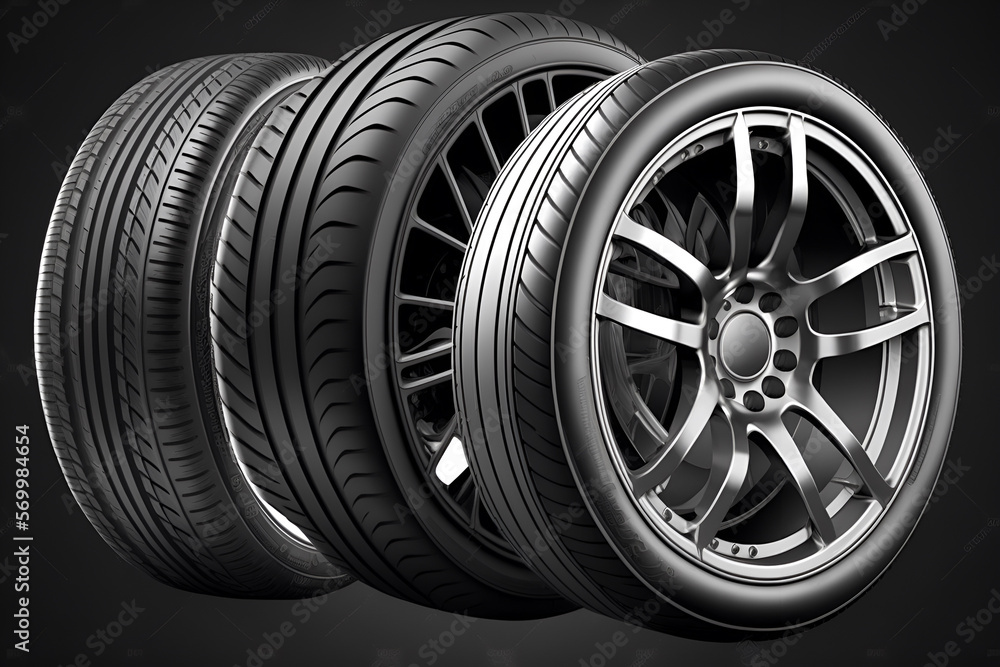 Car tires with a great profile in the car repair shop. Set of summer or winter tires in front of white fond