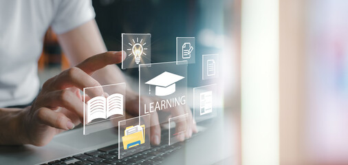 Concept of Online education. man use Online education training and e-learning webinar on internet for personal development and professional qualifications. Digital courses to develop new skills.