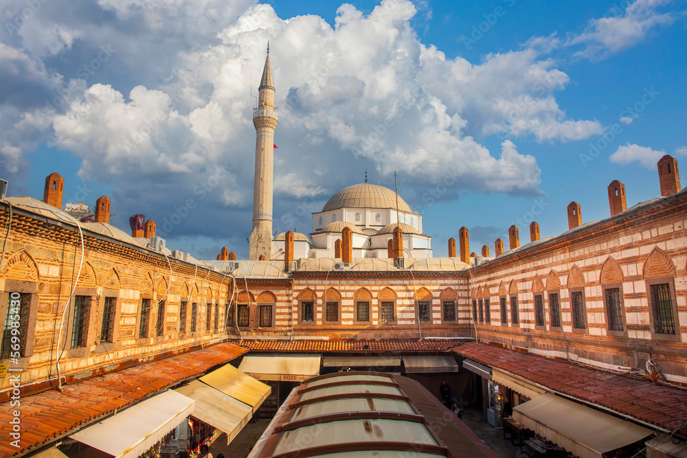 Fototapeta premium Awesome view of Kizlaragasi Han Caravanserai and Hisar Mosque in Izmir, Turkey. Izmir is a popular tourist destination in Turkey.