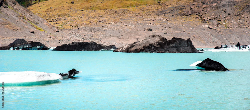 Breathtaking scenery with an ice blocks in the form of duck and black and white dolphins in Solheimajokull lagune, Iceland. Exotic countries. Popular tourist atraction. (global warming – concept)