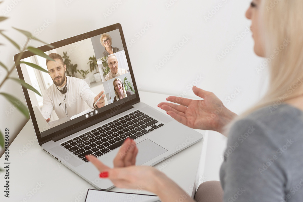 video conference. Multiethnic business team using laptop for a online meeting in video call. Group of people smart working from home video conference. Multiethnic business team using laptop for a online meeting in video call. Group of people smart working from home