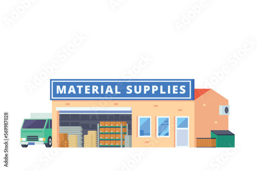 Vector small shop material store warehouse building flat design illustration