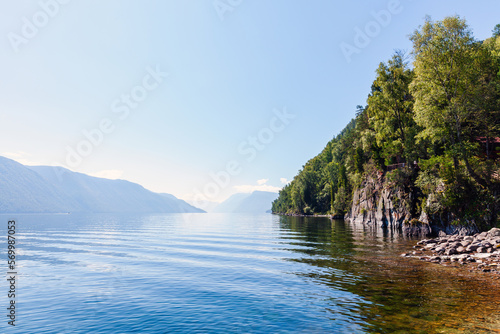 Siberian landscape with Teletskoye lake on a sunny day