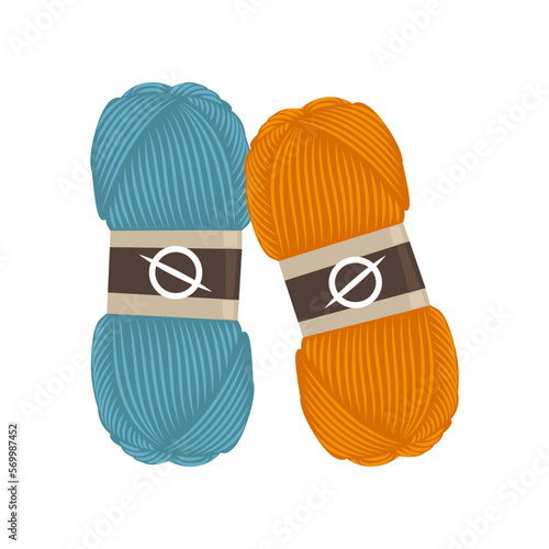 Skeins of blue and orange yarn vector illustration. Cartoon drawing of material for knitting or production of handmade clothes isolated on white background. Knitwork, hobby, handicraft concept