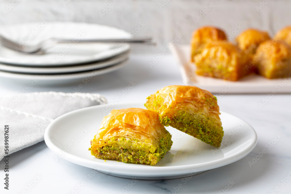 Traditional delicious Turkish dessert; pistachio baklava (Turkish name; kuru baklava)