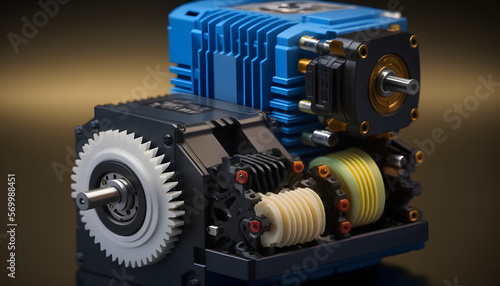Servo motor and gear system: A photo showing a servo motor and gear system, highlighting the integration of mechanical and electrical systems in mechatronics. photo