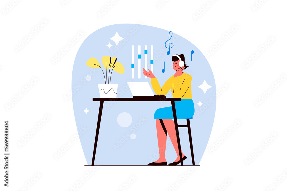 Creative workers blue concept with people scene in the flat cartoon style. Girl is doing creative work on a laptop and listening to music.
