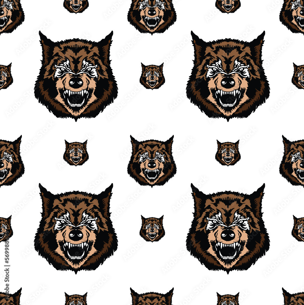 Fototapeta premium Seamless pattern of hand drawn sketch style colored wolf head. Vector illustration isolated on white background.