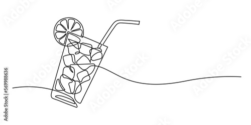 Glass of lemonade, or cocktail with lemon. Continuous line drawing