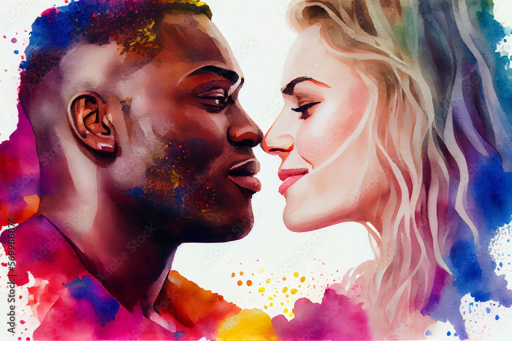 Portrait of a black man embracing a white woman, symbolizing love and unity regardless of race, ai illustration. A meaningful piece that spreads a message of hope and togetherness