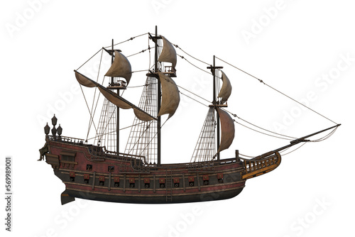 Fototapeta Old wooden pirate sailing ship viewed from starboard side