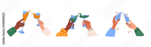 Hands holding glasses with cocktails. Drinking toast cheers to celebrate, friends gathering together. Cartoon vector set