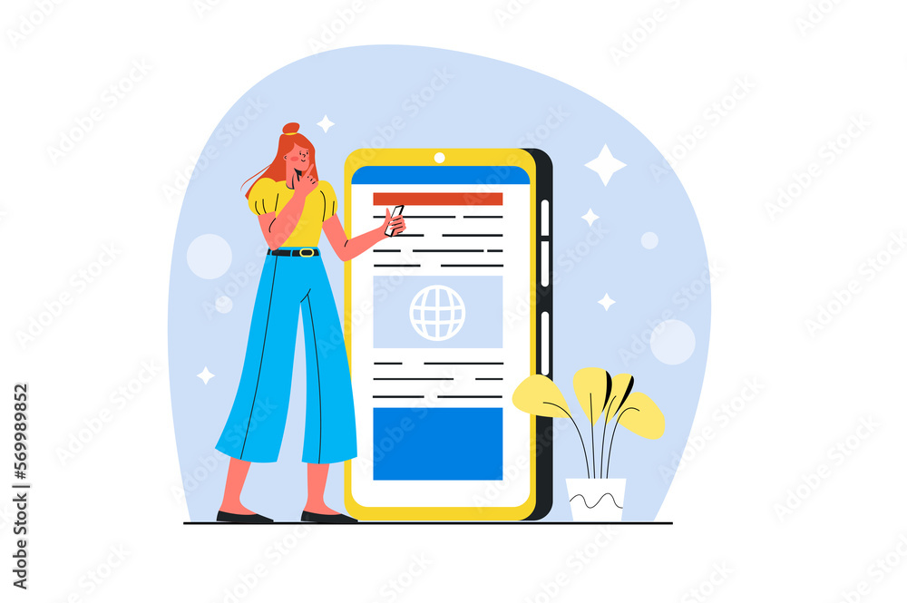 Blue concept Internet news with people scene in the flat cartoon style. Girl check feed new on the Internet using a smartphone. Blue concept Internet news with people scene in the flat cartoon style. Girl check feed new on the Internet using a smartphone.