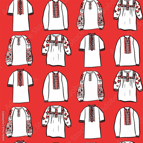 Red Ukraine Embroidery Shirt Seamless Pattern. Vector Illustration of Sketch Doodle Hand drawn Ukrainian Cultural Clothes.