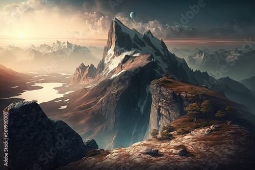 sunrise over the lake  lake in the mountains  snow mountains  Generative AI