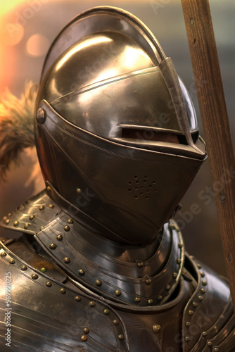 A knight in old metal armor and helmet before a fight, holding a spear, selective focus.