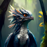 Generative AI, drawn detailed cute baby dragon in a magical forest, forest colored fairy dragon