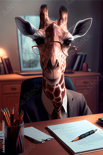 Generative AI, hand drawn giraffe in office clothes, giraffe at work © Yuliia
