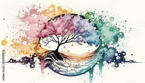 Watercolor tree river circle meditation cycle life colorful painted style illustration isolated made by ai