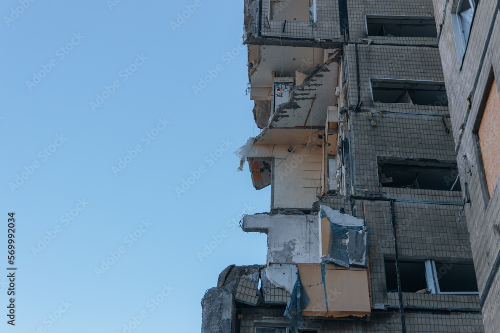 Impact on a high-rise building in the city of Dnipro, Ukraine. A residential building destroyed by an explosion after a Russian missile attack. Consequences of the explosion.