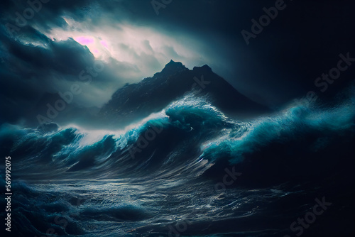 Thunder storm rages over sea.  Generative AI. © EwaStudio